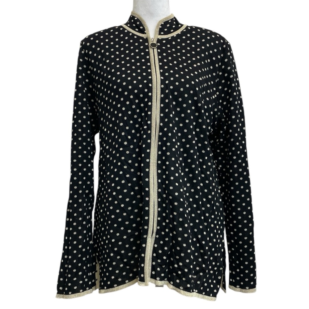 Exclusively Misook Vintage Black & Metallic Gold Polka Dot Full Zip Sweater